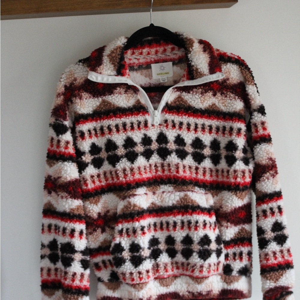 Aerie Sherpa Red and Pink pullover